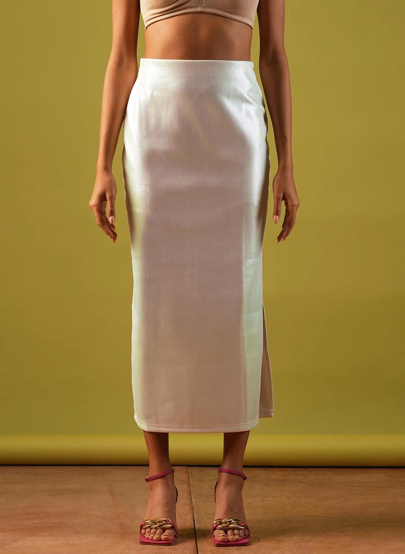 جلو باص Globus Women Self Design Sheen Stretchable High-Rise Side Slit Midi Pencil Party Skirt